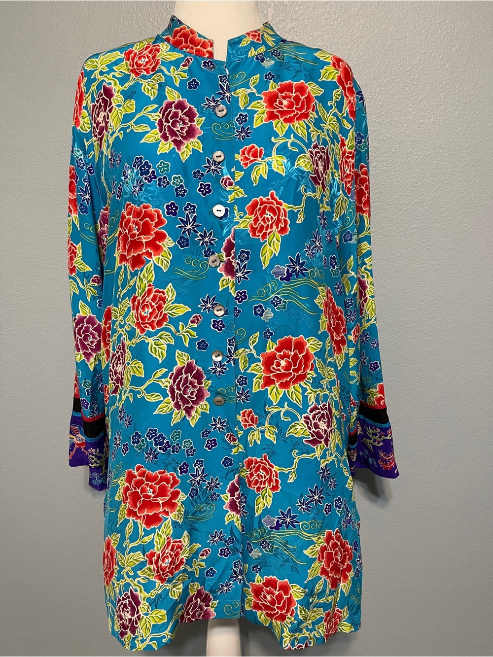 Chico Design Pure Silk Floral Asian Style Long Sleeve Blouse Shirt Tunic Blue 3